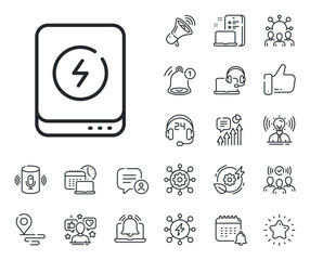 Charge battery sign. Place location, technology and smart speaker outline icons. Power bank line icon. Mobile accessories symbol. Power bank line sign. Influencer, brand ambassador icon. Vector