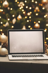Laptop with blank screen on wooden table against blurred christmas tree.