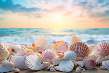 seashells on the beach - obrazy, fototapety, plakaty