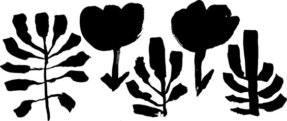 Grunge Modern Dry Brush Ink Drawing Leaves and Flowers Set. - obrazy, fototapety, plakaty