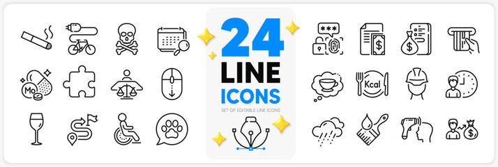 Icons set of Scroll down, Working hours and Salary line icons pack for app with Journey, Electronic thermometer, Smoking thin outline icon. Puzzle, Payment, Electric bike pictogram. Vector