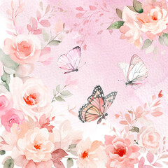Watercolor digital floral scrapbook paper, Blush pink baby shower background, bouquet of roses and butterflies invitation card template, rose watercolor scrapbook paper, wedding pink background, 