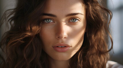 Fototapeta premium 25 year old woman with radiant and fresh skin, photo shoot, beauty model, light background, close-up of face