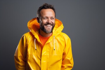 Portrait of a happy man in his 40s wearing a vibrant raincoat against a minimalist or empty room background. AI Generation