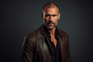 Portrait of a satisfied man in his 40s sporting a stylish leather blazer against a minimalist or empty room background. AI Generation