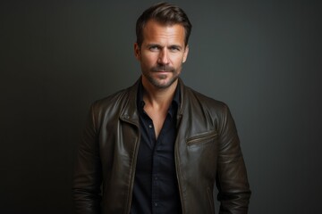 Obraz premium Portrait of a satisfied man in his 40s sporting a stylish leather blazer against a minimalist or empty room background. AI Generation