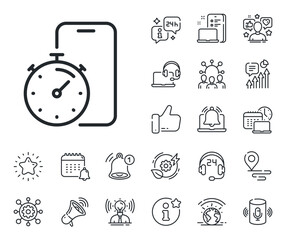 Stopwatch time sign. Place location, technology and smart speaker outline icons. Timer app line icon. Phone countdown clock symbol. Timer app line sign. Influencer, brand ambassador icon. Vector