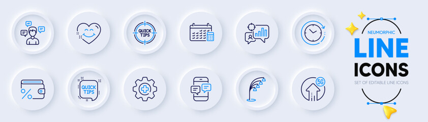 Time change, Medicine and Smile face line icons for web app. Pack of Tips, Phone messages, 5g upload pictogram icons. Quick tips, Seo statistics, Conversation messages signs. Savings tax. Vector