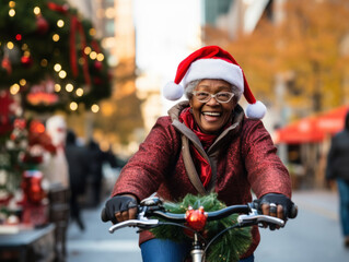 Obraz premium Riding a bike through the streets wearing a Santa hat