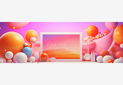 Vivid Fantasy Frame Mockup Template with Tablet Computer, Clock, and Balloons on Pink and Purple Backgrounds Frame Mockup Template Vivid Fantasy