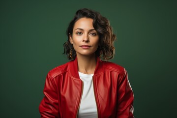 Fototapeta premium Portrait of a merry woman in her 30s sporting a stylish varsity jacket against a solid color backdrop. AI Generation