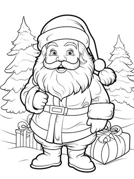 santa claus with gifts in the forest vector illustration for coloring books for adults or children. Coloring Book Business possibilities with great pictures without greyscale.