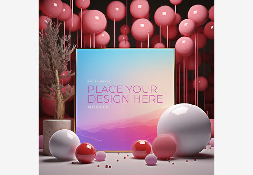 Frame Mockup Template: Vivid Fantasy Picture Frame with Balloons, Plant, and Vase on Table with Pink and Purple Background. Place Your Design Here