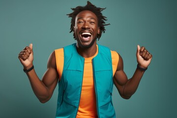 Portrait of a joyful man in his 30s wearing a lightweight running vest against a solid color backdrop. AI Generation - obrazy, fototapety, plakaty