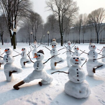 A comical scene portraying a group of snowmen attempting yoga poses in a snowy park. The snowmen are anthropomorphized, with twig arms and carrot nose