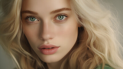 Fototapeta premium 25 year old woman with radiant and fresh skin, photo shoot, beauty model, light background, close-up of face