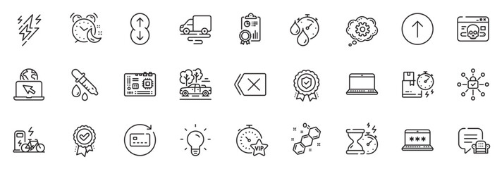 Icons pack as Delivery route, Cyber attack and Security lock line icons for app include Notebook, Laptop password, Approved award outline thin icon web set. Delivery time, Internet. Vector