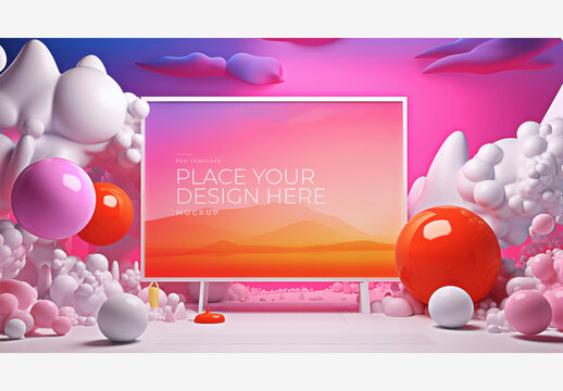 Vivid Fantasy: Frame Mockup Template with Large Screen, Balloons, Clouds, Pink Sky, Mountain, Red & Purple Hued Sky, White Clouds, Blue Sky Frame Mockup