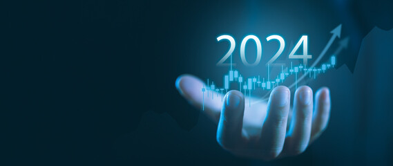 Future Financial Success Businessman Displays 2024 Economic Outlook through Virtual Screens - obrazy, fototapety, plakaty