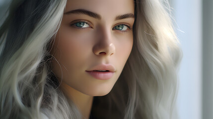 Fototapeta premium 25 year old woman with radiant and fresh skin, photo shoot, beauty model, light background, close-up of face