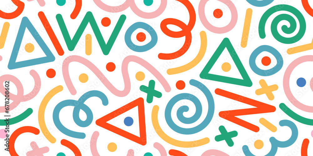 Poster fun colorful line doodle seamless pattern. creative minimalist style art background for children or 