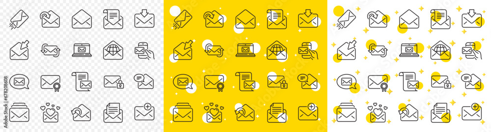 Poster newsletter, email document, correspondence icons. mail message line icons. received mail, secure mes