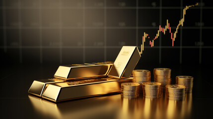 Gold price graph board with the price rising high has a finger pointing .Ai Generated