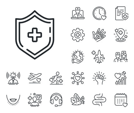 Medical protection sign. Online doctor, patient and medicine outline icons. Medicine shield line icon. Medical shield line sign. Veins, nerves and cosmetic procedure icon. Intestine. Vector