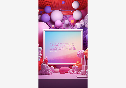 Vivid Fantasy Frame Mockup Templates: Pink and Purple Balloons on White Frame with Blue Border, Pink and Blue Backgrounds Frame Mockup Template Vivid