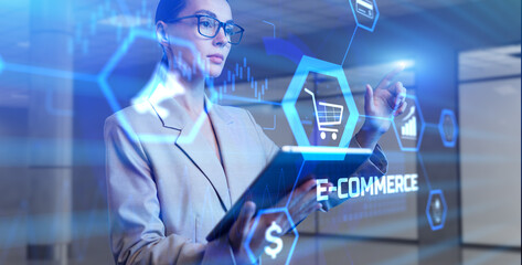 E-commerce digital store online shopping. Woman pressing button on virtual screen.