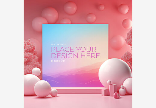 Frame Mockup Template: Vivid Fantasy Pink and White Background with Place Your Design Here Sign, Balls, Pink Trees, Pink Sky, and Clouds Frame Mockup