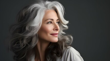 Bestager-Schönheit: Selbstbewusste Frau mit grauen Haaren als Stockmodel - obrazy, fototapety, plakaty