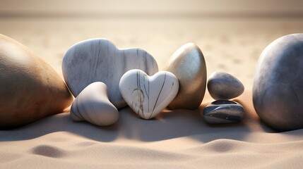 Serene Lovescape: Heart-Shaped Stones on the Coastal Sand
