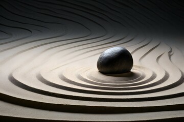Fototapeta na wymiar Zen Garden Essence: Stone Amidst Circles in the Calm Sand