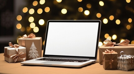 Laptop with blank screen and christmas tree on bokeh background.