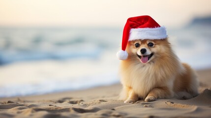 New Year's Dog in a Santa Claus Hat on the Background of the Beach: A Playful and Festive Image Blending Holiday Cheer with Coastal Vibes.