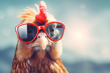 Funny hen wearing sunglasses