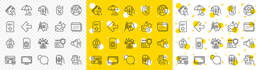 Outline Cogwheel dividers, Upload file and Risk management line icons pack for web with Left arrow, Loan percent, Messenger line icon. Lock, Vaccine announcement, Calendar pictogram icon. Vector