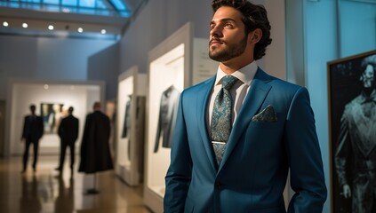 Fototapeta premium An adult man with dark hair in a blue suit, standing in an art gallery with a blurred background where other visitors and paintings are visible.