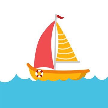 Cute sea sailboat on the waves, highlighted on a white background. Illustrations for the design of children's rooms and textiles. Vector