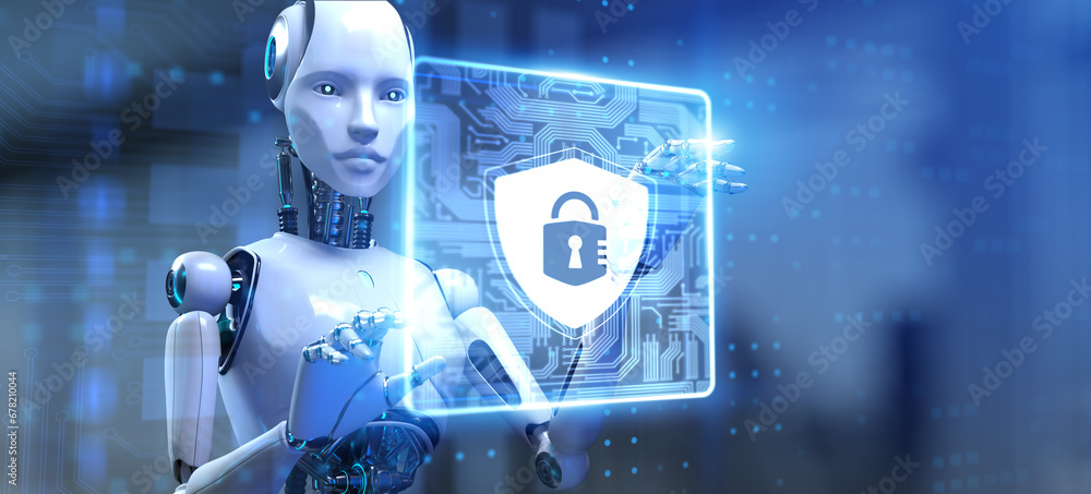 Poster cyber security data protection antivirus technology concept. robot pressing button on screen 3d rend