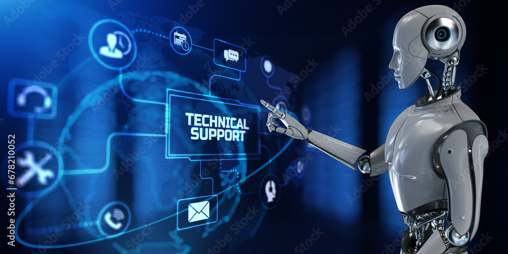 Fototapete technical support customer service automation. robot pressing button on screen 3d render.