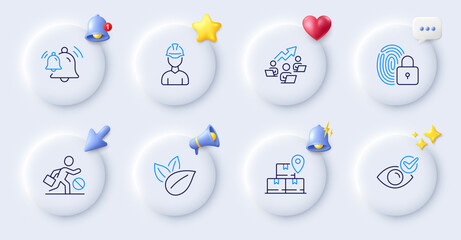 Organic product, Delivery service and Check eye line icons. Buttons with 3d bell, chat speech, cursor. Pack of Jobless, Teamwork chart, Lock icon. Bell, Foreman pictogram. Vector