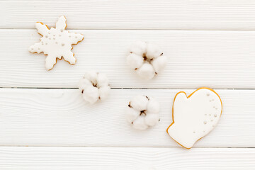 White Christmas cookies pattern, top view. New Year decoration