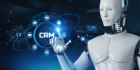 CRM customer relationship management automation RPA concept. Robot pressing button on screen 3d render.