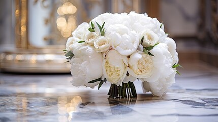 A lavish wedding bouquet of white peonies and roses on a polished marble surface. Wedding card, bridal invitation, jewellery, gem, glamour.  - obrazy, fototapety, plakaty