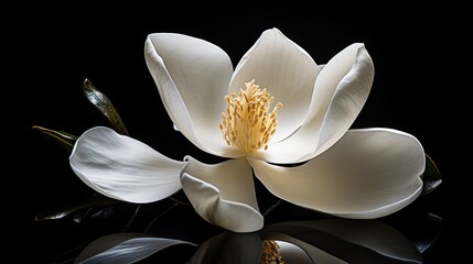 A single white magnolia flower on a glossy obsidian surface. 