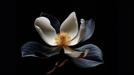 A single white magnolia flower on a glossy obsidian surface. 