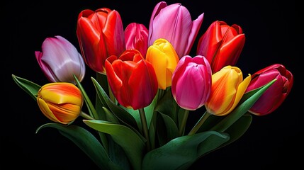 Obraz na płótnie Canvas An artistic display of vibrant tulips against a dark, velvety backdrop. Wallpaper texture, floral card, fashion event background. 