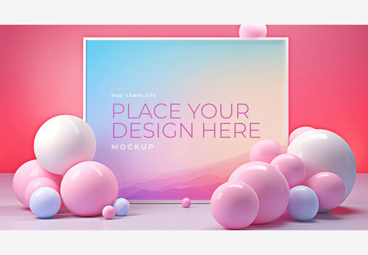Fantasy Vivid Frame Mockup Template - Pink and White Balloon Background with Design Space, White Frame, and Pink Circle Frame Mockup Template Fantasy